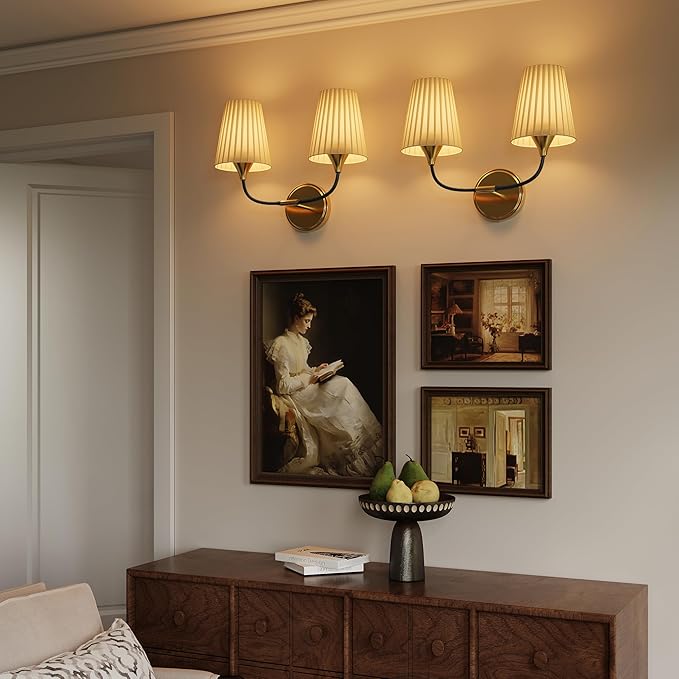 Bathroom Vanity Light with Fabric Shade, 2-Light Bathroom Vanity Light Over Mirror, Modern Light Fixtures for E26 Bulb, Flared Wall Lights for Bedroom, Hallway, Entryway (Black Gold)
