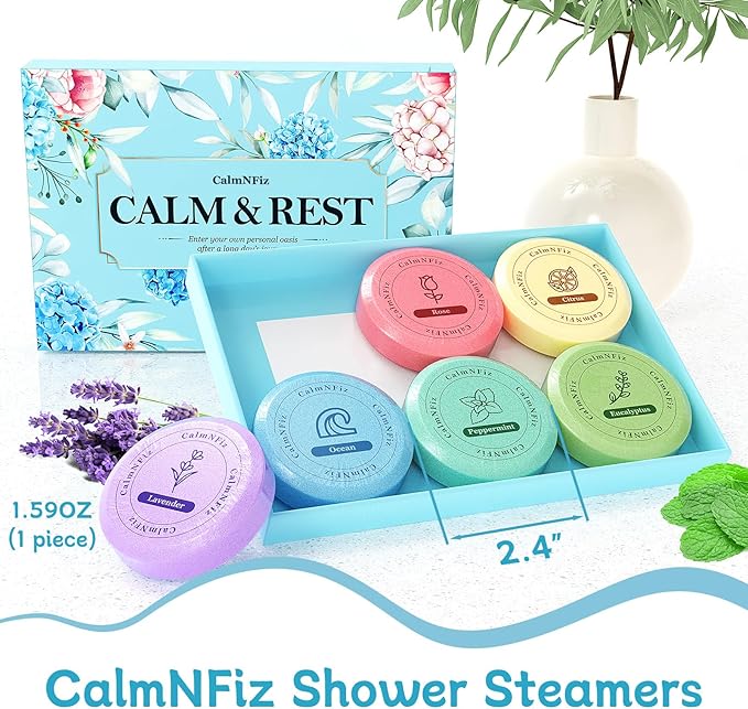CalmNFiz 6 Pack Shower Steamers Aromatherapy, Birthday Gifts for Women Men, Mother’s Day Gifts for Wife Mom Grandma Daughter Teen, Relaxation Self Care Natural Essential Oil