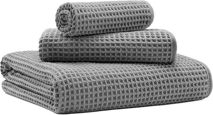 MICROFI Microfiber Waffle Bath Towels, 3 Pieces, Oversized, Soft, Absorbent, Fast Drying, Lint Free, Includes Bath, Face and Hand Towels 430 GSM