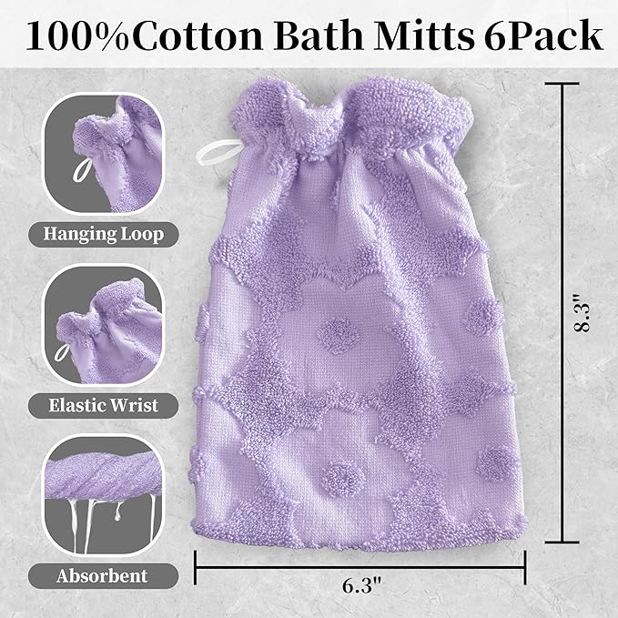 VOOVA & MOVAS 6-Pack Shower Wash Cloth, 100% Cotton Soft Absorbent Bath Mitts with Hanging Loop, 8.3x6.3 Inch European Style Bathing Gloves for Body & Spa, Purple Flower