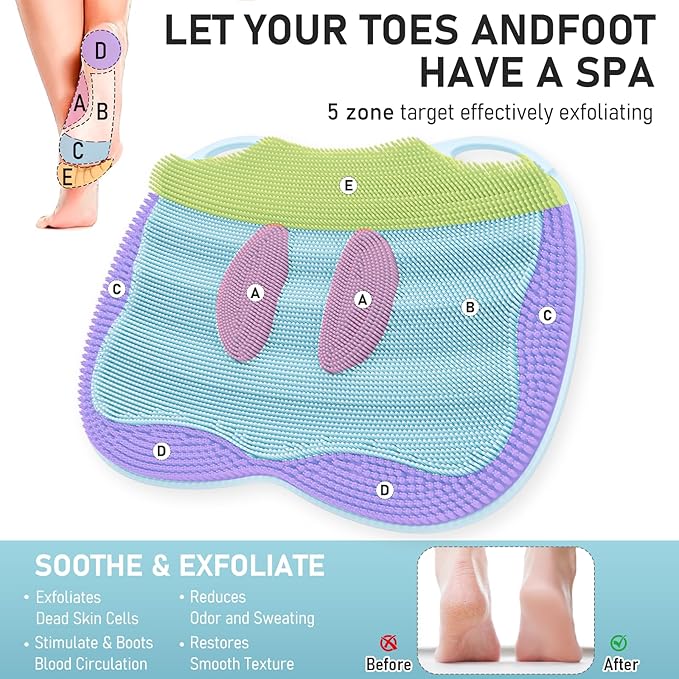XL Shower Foot Scrubber Mat, Silicone Feet Massage Scrubber in Shower Clean Foot Toes Pad without Bending Non-slip Suction Cups -Blood Circulation Exfoliate Achy Relief 17.4*13.4" Light Blue