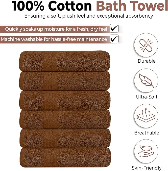 KAHAF COLLECTION 6 Pack Bath Towels Set (27 x 54 Inches) 100% Ring Spun Cotton, Lightweight, Quick Dry, Highly Absorbent Towels (Brown, (27x54) Inches)