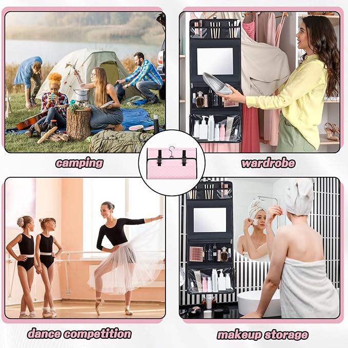 Travel Hanging Toiletry Bag with Mirror Leather Travel Hanging Mirror Foldable Dance Competition Makeup Bag Backstage Cosmetic Organizer for Traveling Dancers Spa(Classic,Pink)