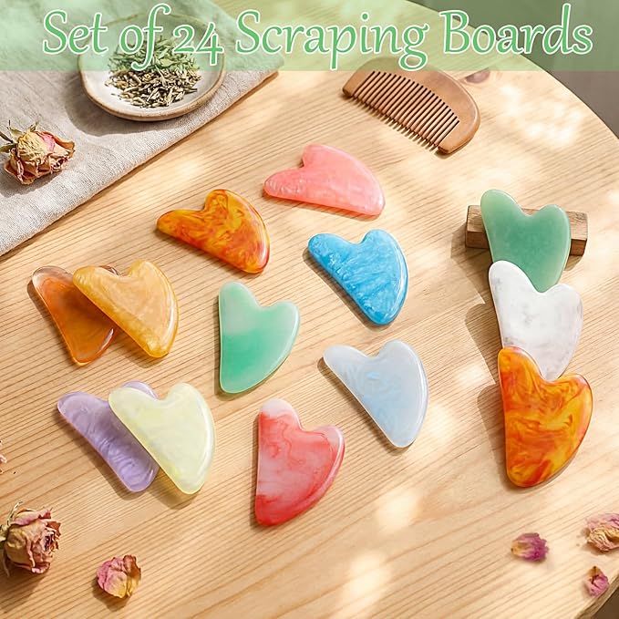 Sherr 24 Pcs Gua Sha Facial Tool Resin Gua Sha Massage Tool Heart Shaped Facial Stone Board for Face Body Skin Massage Spa Acupuncture Prevent Wrinkles (Bright Colors)