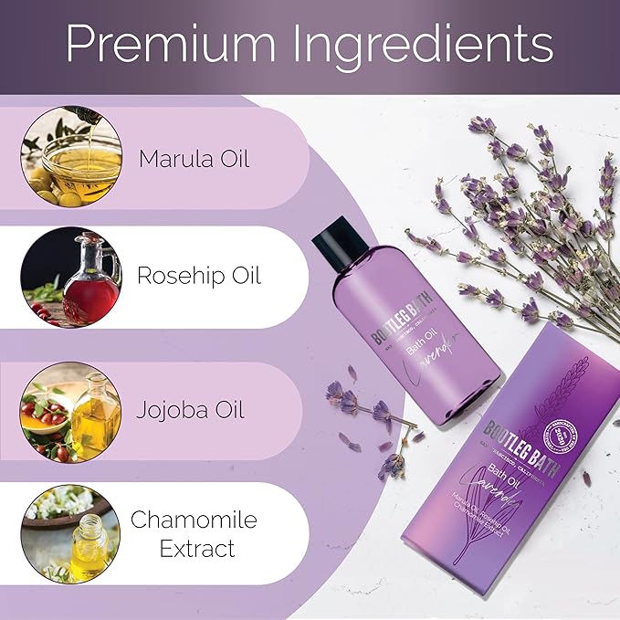 Lavender Bath Oil with Marula, Rosehip, and Jojoba Oils, Chamomile Extract, and 100% Pure Natural Essential Oil, Great Stocking Stuffer or Gift, 4oz, for Men and Women, Made in USA