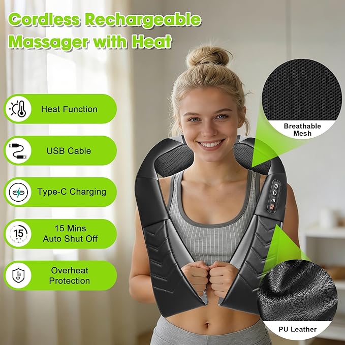UFFAE Cordless Shiatsu Neck and Back Massager with Heat, Electric Deep Tissue Kneading Neck and Shoulder Massage, Best Gifts for Women Men Mom Dad Mothers Fathers Day Birthday Gift, Black (Cordless