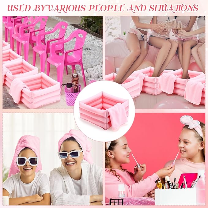 FillTouch 12 Pcs Foot Spa Kit for Girls Kids 12.5''x12.5''x8.3'' Foot Care Bath and 12''x28'' Hand Towels Washbasin Salon Towels Portable for Sleepover Spa Swim Birthday Party Supplies(Light Pink)