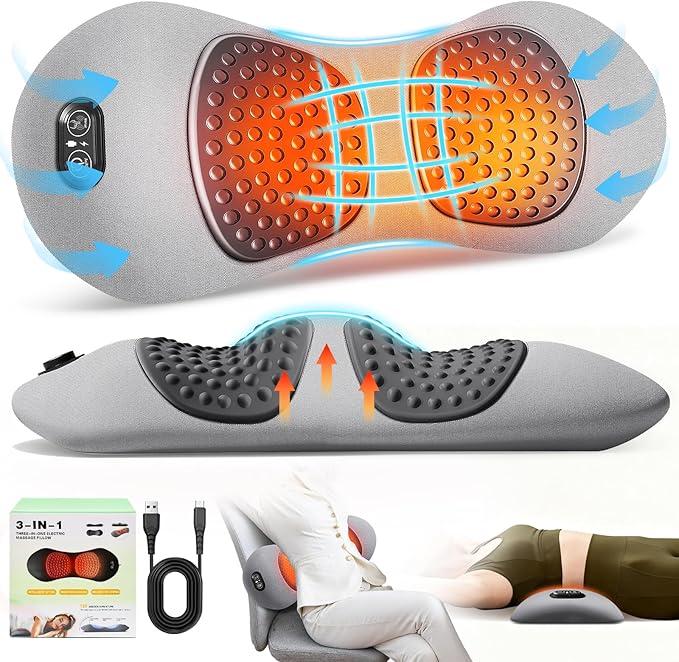 3-in-1 Electric Lumbar Support Pillow,Triple Fusion Back Massager with Heat,Vibration&Traction,Back Support Pillow for Bed&Chair,Lumbar Support Pillow for Lower Back Pain Relief&Spine Support-SoftGray