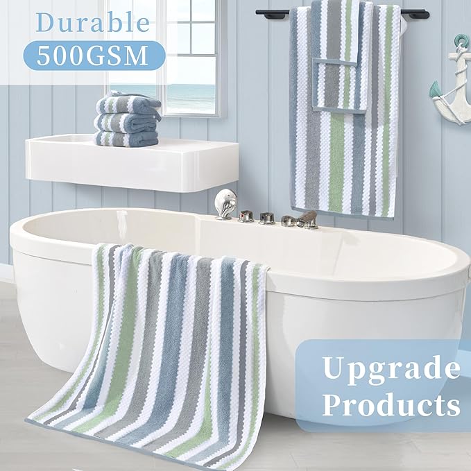 Waffle Hand Towels, 4PC 16"x27" - Cotton Polyester Blend | Quick Dry | Absorbent | Lightweight | Thick | Soft | 500GSM, Durable Striped Hand Towel for Bathroom, Navy Grey Green Stripe & White Checker