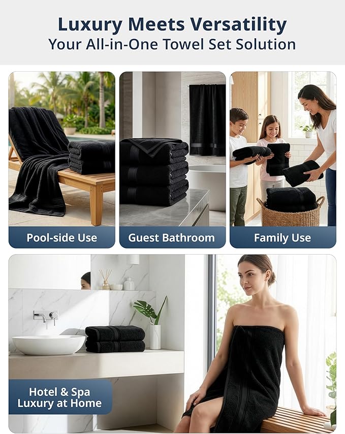LANE LINEN 100% Cotton Bath Sheets - Exclusive Zero Twist Technology - 4 Pack (35"x66") Extra Towels large - Ultra Soft, Quick Dry & Super Absorbent - Hotel Collection Oversized Bath Towel Set - Black