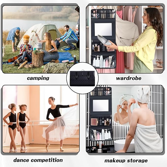 Travel Hanging Toiletry Bag with Mirror Leather Travel Hanging Mirror Foldable Dance Competition Makeup Bag Backstage Cosmetic Organizer for Traveling Dancers Spa(Classic,Black)