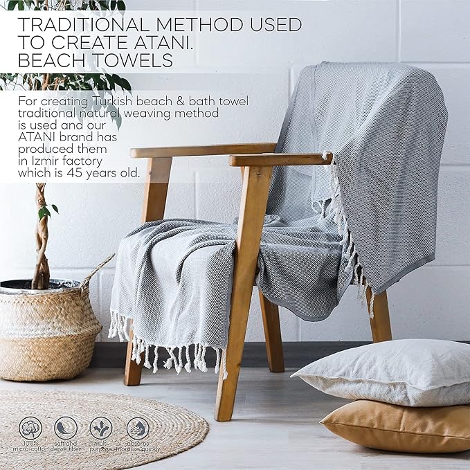ATANI 69x35 in Oversized Turkish Beach Towel Set with Tote Bag – Quick-Dry 100% Turkish Cotton Peshtemal, Sand-Resistant, Lightweight for Shower, Travel, Pool, Yoga (Grey)
