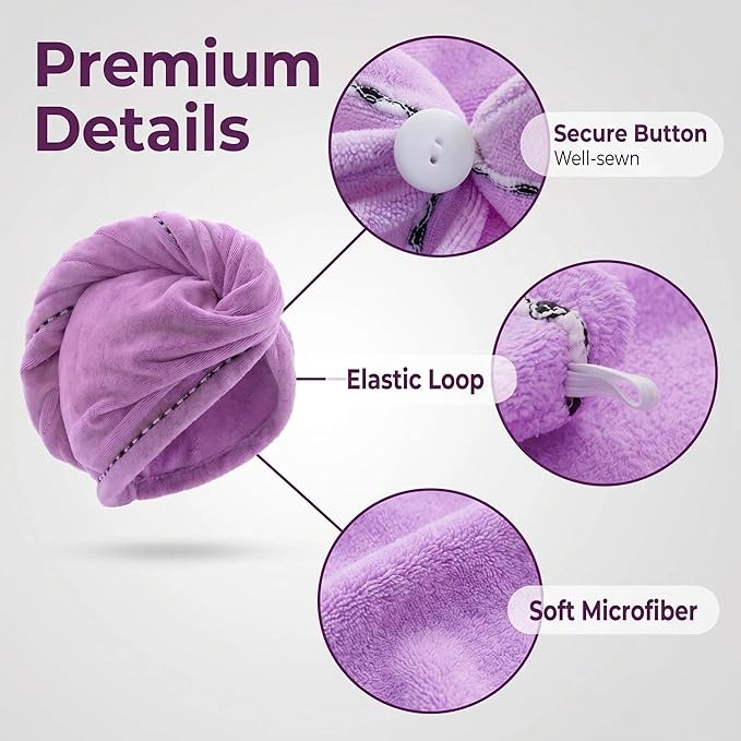 Microfiber Hair Towel 4 Pack, Hair Towel Wrap Quick Dry Hair Hat Anti-frizz Head Turban with Button, Wet Curly Hair Towels for Women (Blue & Pink & Purple & Red)