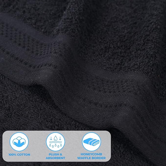Superior Honeycomb Cotton Medium Weight Towels, for Guest Bath, Master Bathroom, Shower, Kitchen, Quick Dry, Adults, Home Essentials, Textured Waffle Border, Towel Set, Hand Towels, Set of 6, Black