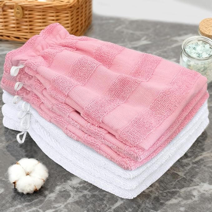 VOOVA & MOVAS 6-Pack Wash Mitts for Body, 100% Cotton Soft Absorbent Wash Cloths with Hanging Loop, 8.3x6.3 Inch European Style Wash Gloves for Shower & Spa, Jacquard Pink Stripe & White