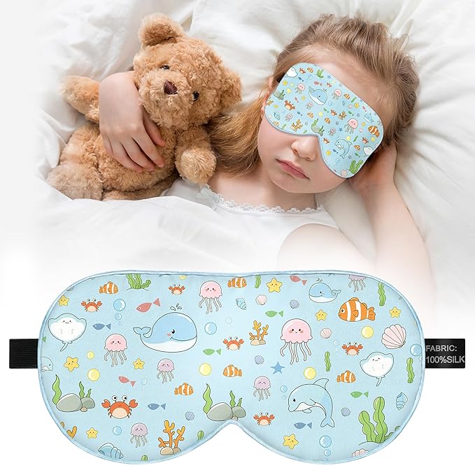 Kids Sleep Mask Eye Cover: 100% Real Natural Pure Silk Eye Mask with Adjustable Strap, Funny Blindfold Kids Eye Mask for Sleeping, Soft & Lightweight Eye Shade for Boys Girls Teens (Ocean Style)