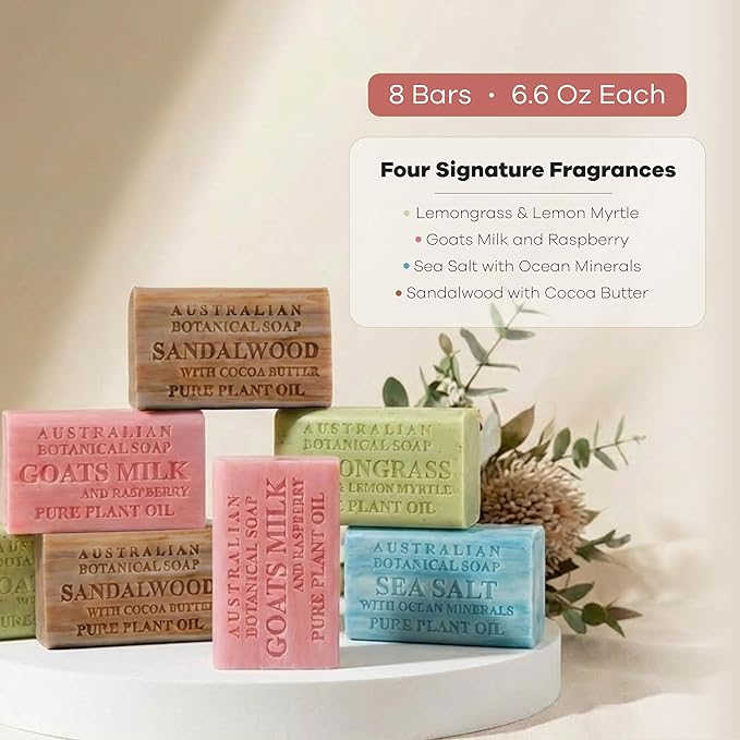 Australian Botanical Soap 8-Pack Variety Bar Soap Set, 6.6 oz Each (8 Bars) – 2 Each: Sandalwood, Sea Salt, Goats Milk Raspberry, Lemongrass & Lemon Myrtle – Bath & Hand Soap Bars