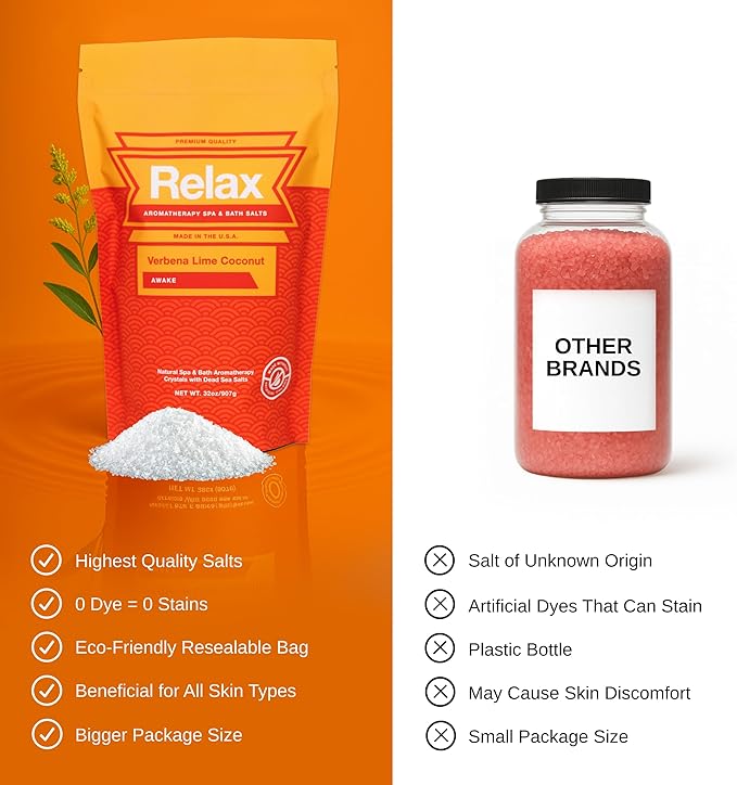 Relax Spa & Bath Aromatherapy Bath Salts for Hot Tub, Bath, or Spa, 2LB Bag Infused with Magnesium, Bath Salt for Soaking, Verbena Lime Scent