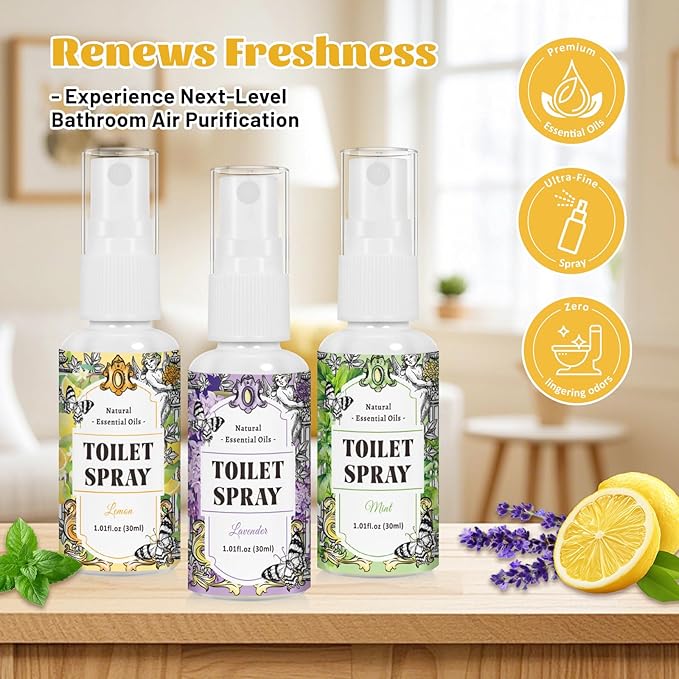 STRN Toilet Spray, 6-Pack Lemon, Mint & Lavender Natural Scent, Portable Instant Odor Deodorizer for Home, Bedroom, Travel Size
