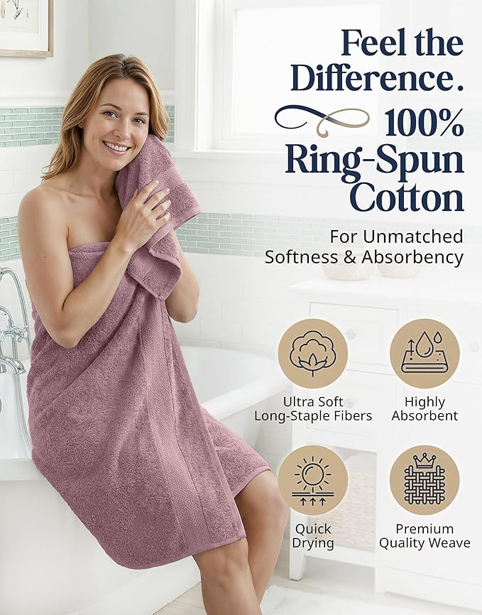 LANE LINEN 100% Cotton Turkish Towels for Bathroom - 16 Piece - Softer & Highly Absorbent - 4 Bath, 8 Wash cloths, 4 Hand Towels - Complete Family Set, Hotel Quality & Gentle on Skin - Wistful Mauve