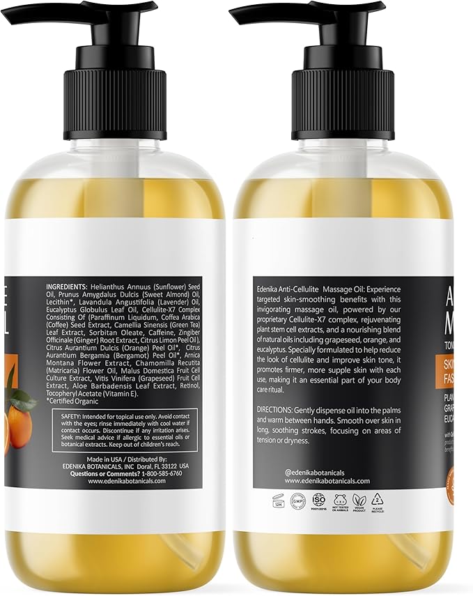 EDENIKA BOTANICALS Firming Anti Cellulite Massage Oil, Grapeseed Oil, Caffeine, Plant Stem Cells & Retinol, Supports Tighter, Smoother-Looking Skin on Body, Legs, Thighs & Buttocks, 2-Pack