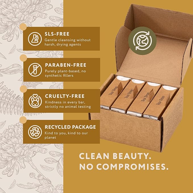 Mary Case Goat Milk & Tea Tree Bar Soap Set of 4 | Natural Soap with Olive, Coconut & Tea Tree Oils + Dried Tea Tree Leaves | Bath Soap for Men & Women | Gentle Cleansing, Purifying & Balancing Skin