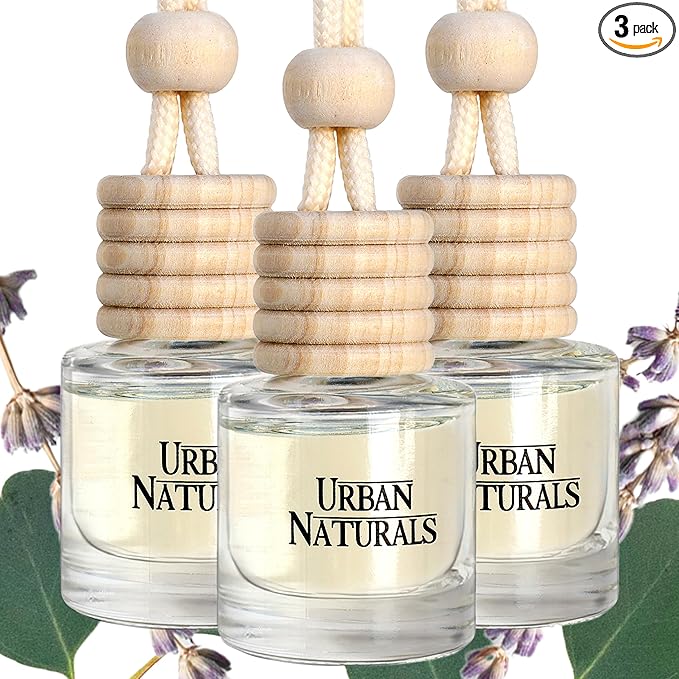 Urban Naturals Car Air Freshener Diffuser 3 Pack - Aromatherapy Essentials Scent, 45+ Days Long Lasting Fragrance, Made in USA, Glass & Wood, Hanging Design + Vent Cip, Easy to Use