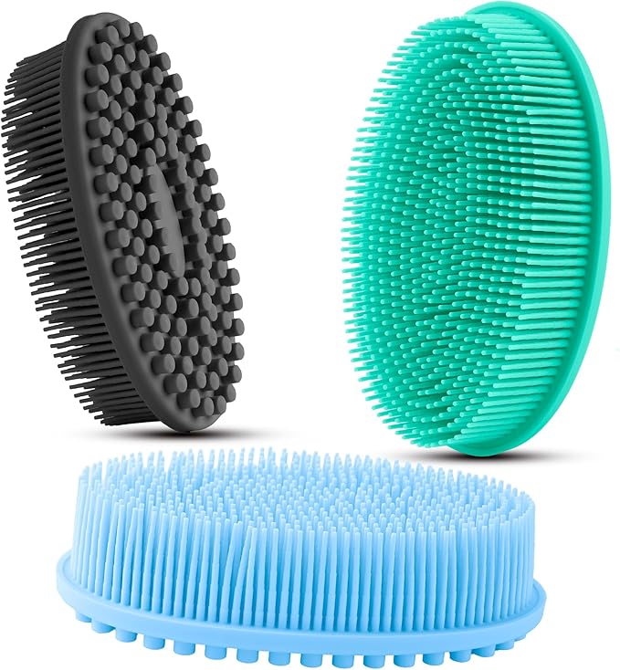 3 Pack Silicone Body Scrubber, Soft Silicone Loofah Exfoliating Body Scrubber, Silicone Body Brush Bath Shower Scrubber for Body, 2 in 1 Bath and Shampoo Wash Brush for Skin Exfoliation Men Women