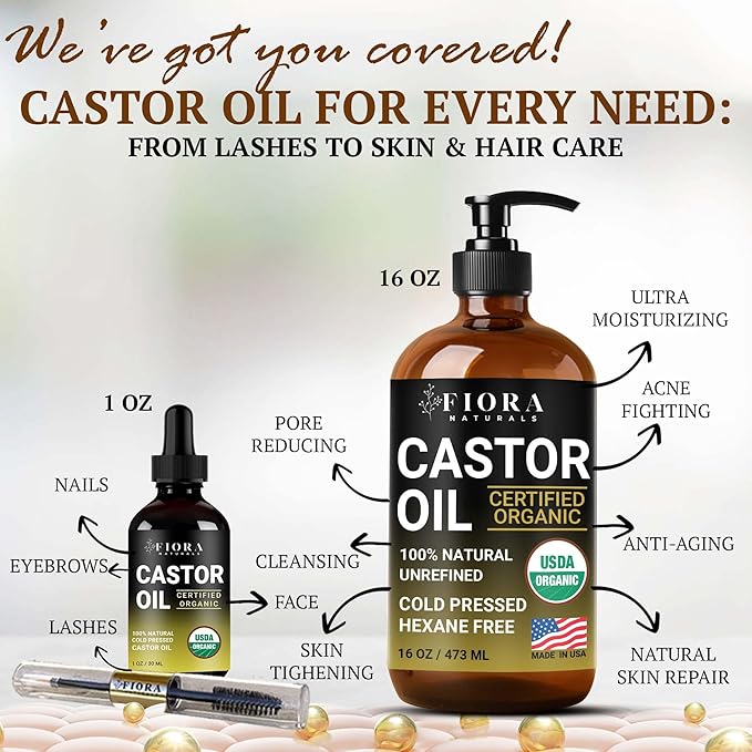 Organic Castor Oil in Glass Bottle – 16 Oz Cold Pressed & Hexane-Free – USDA Certified – Skin Moisturizer, Hair Growth Oil For Lashes, Brows, Skin & Scalp – with Pump