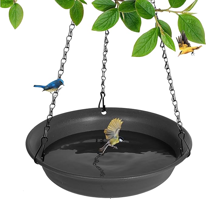 VUWEZ Hanging Bird Bath, Hanging Bird Water Feeder for Outdoors, Feeder Bowl, 1 Pack Birdbath Tray Accessories for Outside, Plastic Birdbaths Tray for Garden Patio Decoration (8", Dark Black)
