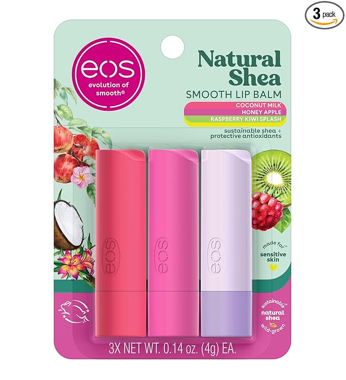 eos Natural Shea Lip Balm, Honey Apple, Coconut Milk & Raspberry Kiwi Splash, All-Day Moisture, Lip Care Products, 0.14 oz, 3-Pack