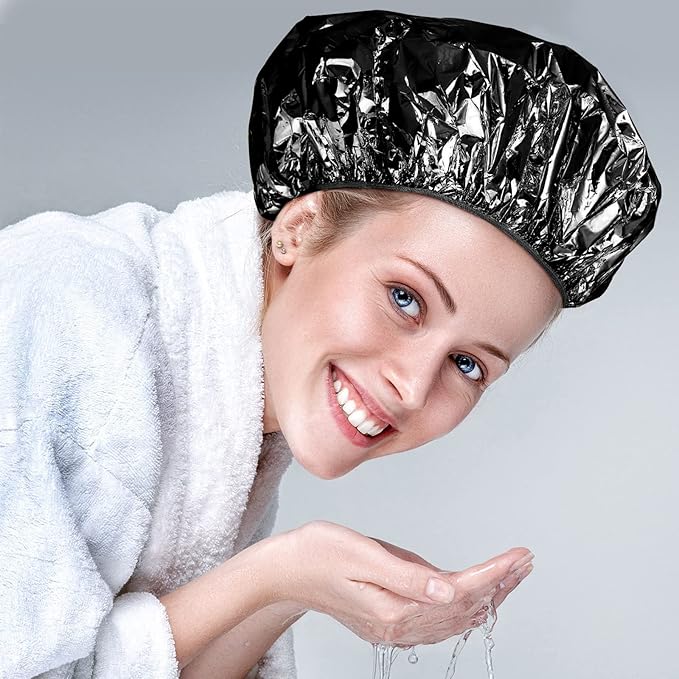 12 Pieces Deep Conditioning Caps Aluminum Foil Reusable Hair Processing Hair Coloring Shower Caps for Home Salon Use(12 Inch,Black)