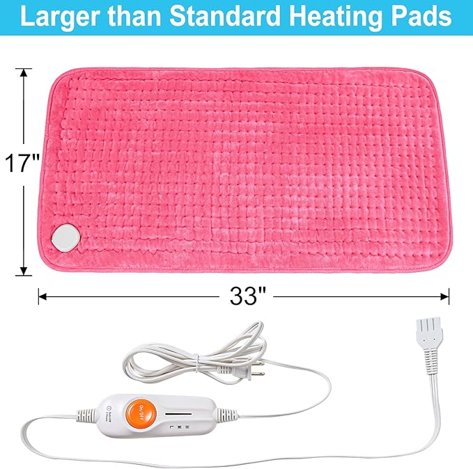 Boileau Electric Heating Pad for Back Pain and Period Cramps Relief, 17"x33" Extra Large XXXL, 3 Heating Levels Heat Pad with 2-Hour Auto Shut Off, Gifts for Women and Mom, Pink