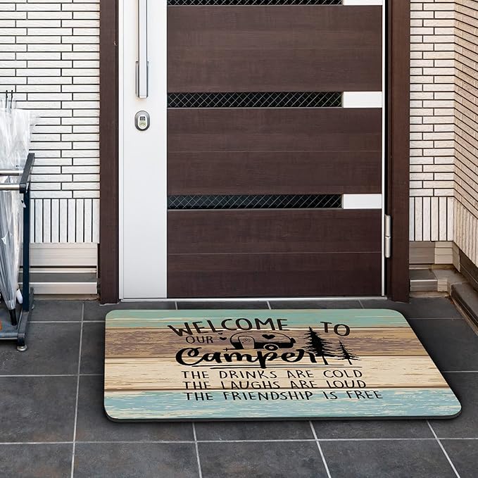 Welcome to Our Camper Soft Diatom Mud Absorbent Bath Rug 17'x30',Reversible Throw Pillow Cover 18'x18',Set of 1 Pillow Cover 1 Doormat,Campsite RV Decor,Camper Gifts