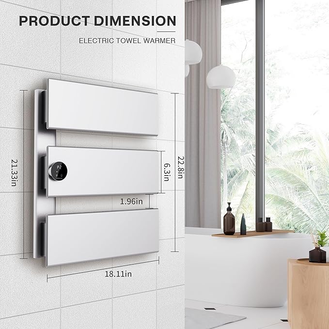 K&KALONZO Electric Towel Warmer, 18.35" W x 22.8" H Wall-Mounted Towel Heater with Built-in Timer, Waterproof Aluminum Towel Warmer for Bathroom, Support Plug-in and Hardwired, Silver, K3-L-S