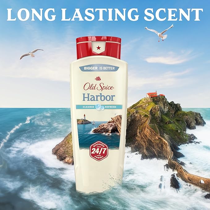 Old Spice Cleansing Body Wash for Men, 24/7 Shower Fresh with Lasting Scent, Cleanse & Refresh, Gentle on Skin, Vitamin B3, Harbor with Coastal Breeze + Driftwood Scent, 18 oz (Pack of 4)