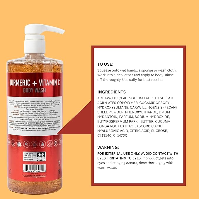 SpaScriptions Vitamin C & Turmeric Body Wash – Brightening Gentle Cleansing Shower Gel Scrub With Hyaluronic Acid for Radiant Glowing Skin & Brown Sugar Exfoliation, Scented, Paraben Free, 32 fl oz