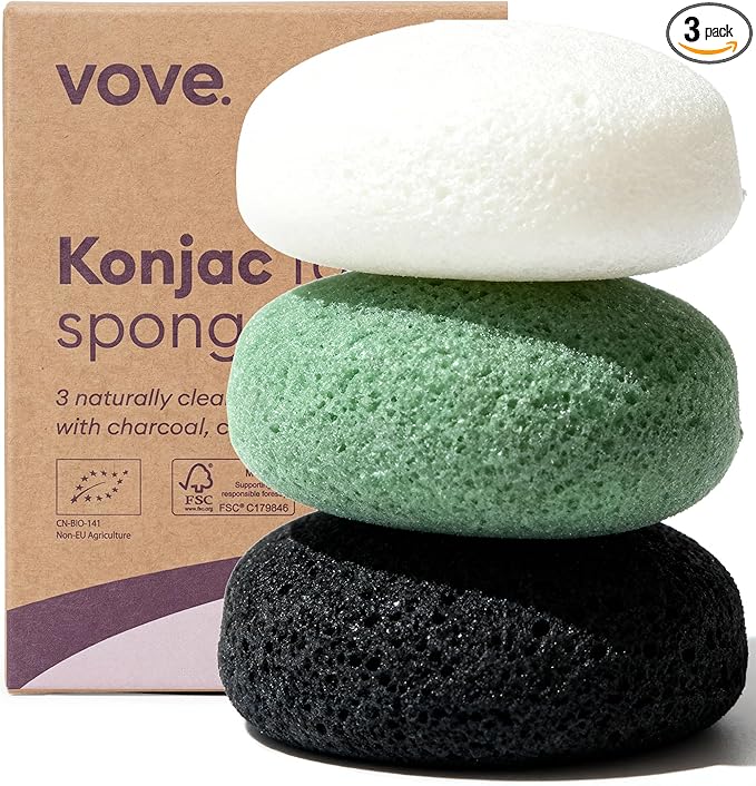 Vove Organic Konjac Facial Sponges 3-Pack - Natural Face Exfoliating Sponges with Bamboo Charcoal & Green Clay, Gentle Cleansing for All Skin Types, Natural Vegan Skincare, Certified Organic