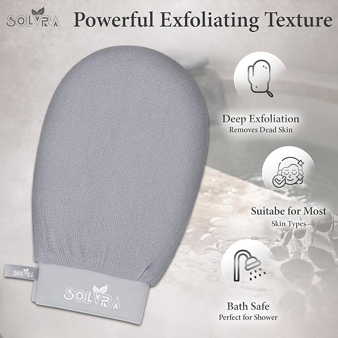 Exfoliating glove for Shower & Exfoliating body scrubber – 100% Vegan Viscose Kessa Mitt for Dead Skin Removal, Self-Tan Fade & Keratosis Pilaris –Dual-Texture Glove for Spa & Massage (1 Pack Gray)