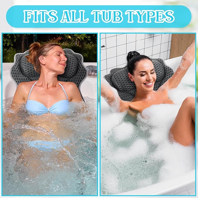 Novabright Bath Pillow and Mat Set for Head and Neck Nonslip Bathtub Pillow 4d Thick Tub Seat Mat with 6 Suction Cups Portable Seat Cushion Tub Accessories for Indoor Outdoor