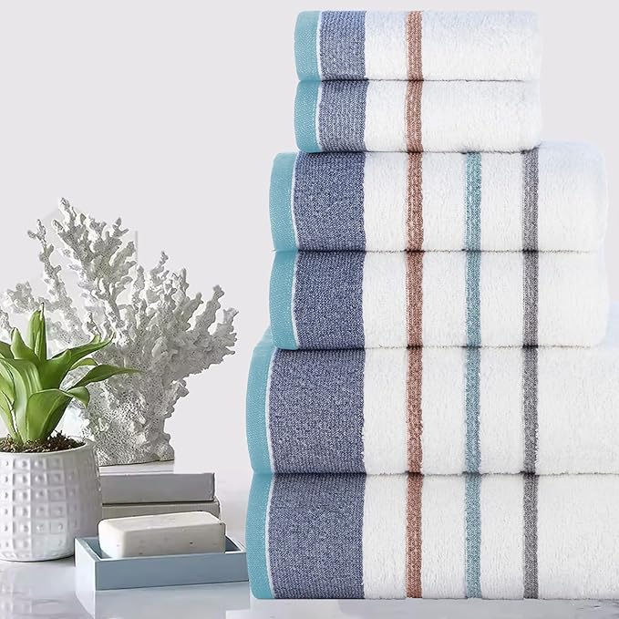 CASA COPENHAGEN White Bay 6Pcs 100% Egyptian Cotton Large Designer Towels Gift Set- Grey - Denim, 600GSM, 2Bath 2Hand 2Washcloths, Bath Towels for Bathroom Set for Women & Men