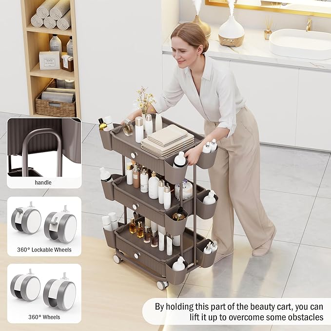 3 Tier Drawer Shelf Beauty Cart with 12 Movable Storage Organizer, Thickened Durable ABS, 360° Wheels for Salon Station for Hair Stylist, Beauty Salon, Spa Massage Parlor, Makeup Organizer - Brown