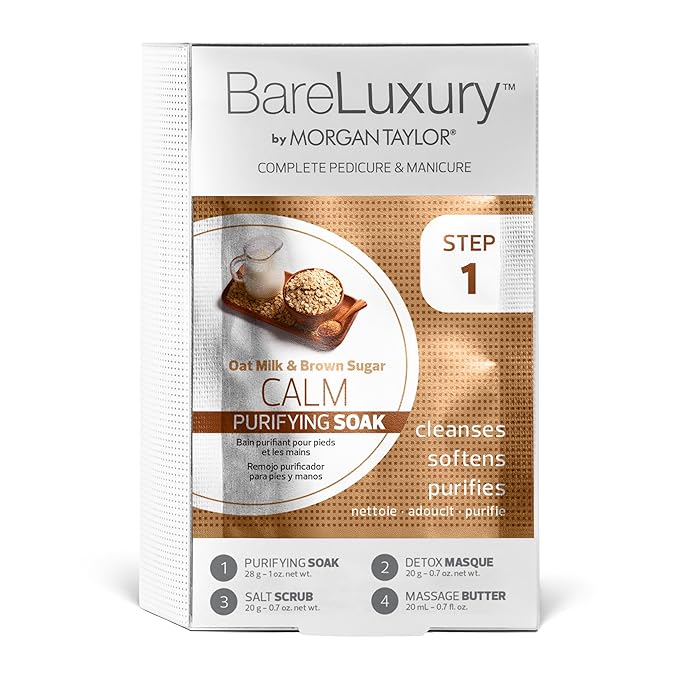 Morgan Taylor BareLuxury 4-Step Complete Pedicure & Manicure Packs - Complete Nail Care Kit with Soak, Masque, Scrub & Massage Butter, Professional Spa-Quality Treatments (Calm Oat Milk & Brown Sugar)
