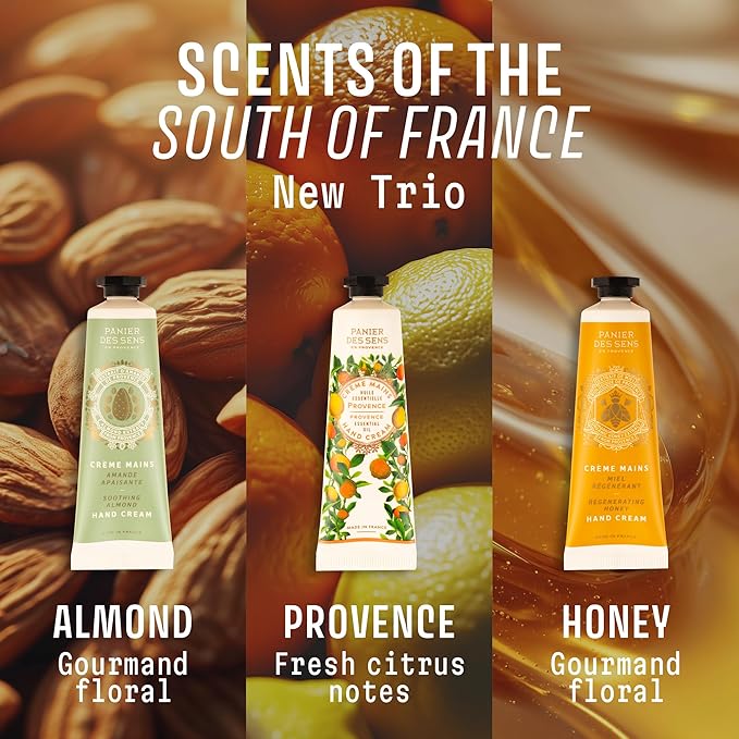 Panier des Sens - Mini Hand Cream Set - Gift Set for Women - Almond, Citrus & Honey - Natural Moisturizing Hand Cream - Mothers Day Gift Ideas - Made in France - Travel Size Hand Lotion 3 x 1 Fl Oz