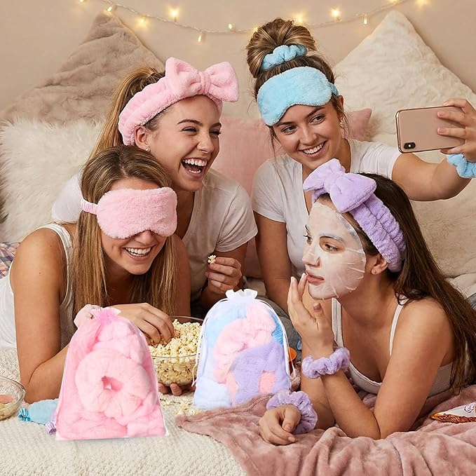 Mimorou 48 Pieces Spa Party Supplies Gift for Mother's Day 12 Spa Headband 12 Plush Sleep Eye Mask 12 Velvet Scrunchies 12 Organza Bags for Sleepover Slumber Party Graduation Gift(Pink,Blue,Purple)