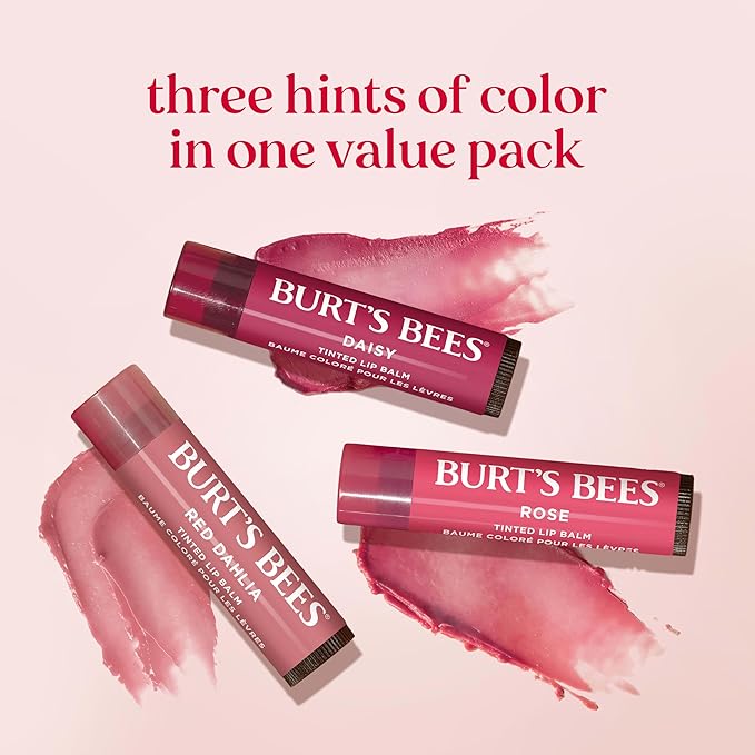 Burt’s Bees Tinted Lip Balm, Mothers Day Gifts, Value Pack Includes 3 Lip Balms: Red Dahlia, Daisy and Rose; 8 Hour Moisture; Nourishing Shea Butter; 100% Natural Origin; 3 Tubes