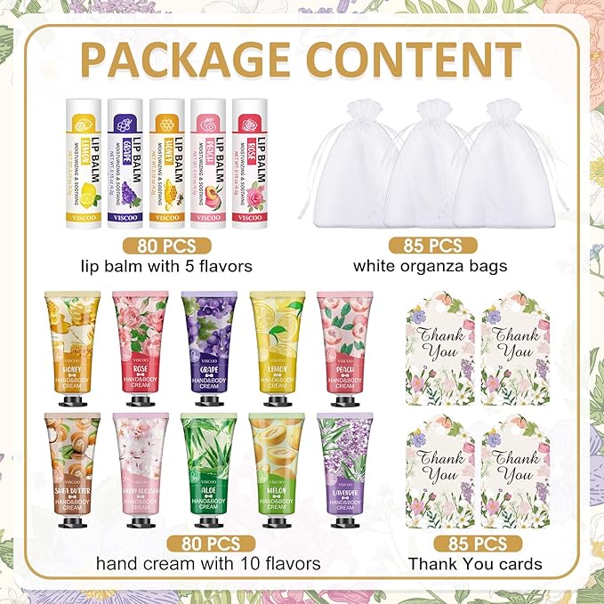 VISCOO 80 Sets Hand Cream and Lip Balm Bulk Set, Mothers Day Gifts, Teacher Appreciation Gifts, Nurses Week Gift, Wedding Favors for Guests with Thank You Card Organza Bags, Birthday Gift for Women