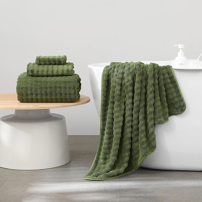 KBY Bath Towels Set 6 Piece 40x80 Inches，2 Extra Large Bath Sheets 2 Hand Towels 2 Washcloths，Highly Absorbent Quick Dry Microfiber,Ultra Soft Towel Set for Bathroom，Spa，Gym， Hotel (Olive Green)