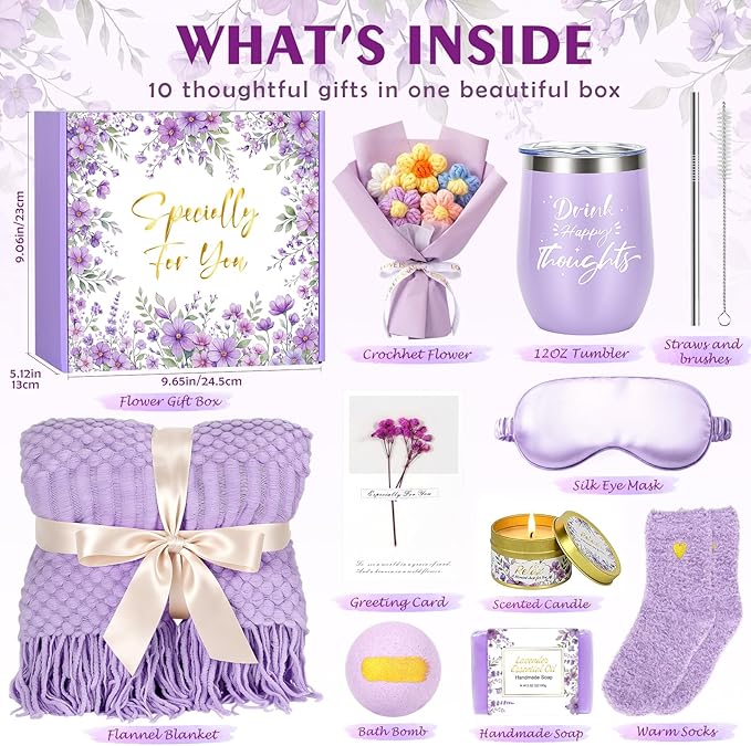 Birthday Gifts for Women,Mothers Day Gifts for Mom,Valentines Day Gift for Her,Self Care Spa Gift Basket with Blanket Candle Bath Bomb,Relaxing Spa Set,Get Well Package,for Mom Wife Sister Best Friend