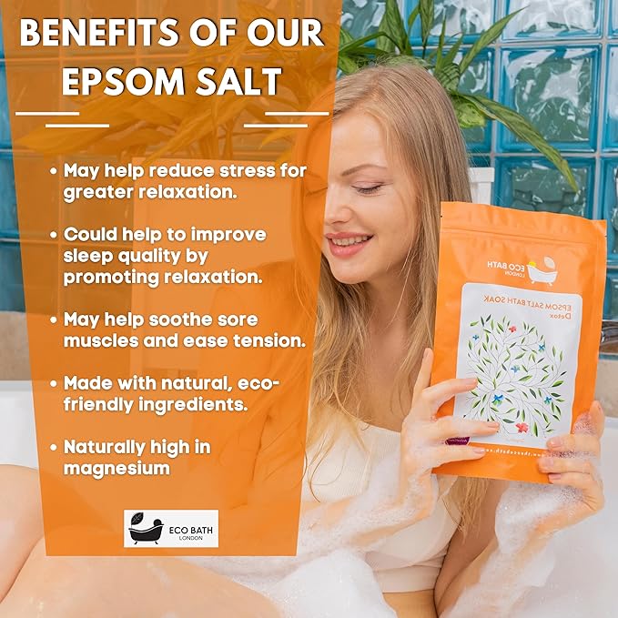 Eco Bath London Balance and Calming Epsom Salt Bath Soak – Pouch 2.2 LB (1kg) | Made in UK | Magnesium Bath Salt with Neroli, Geranium and Chamomile